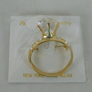 Solitaire Ring Crystal Pin Gold Tone Large Acrylic Faceted Brooch Rhinestone New